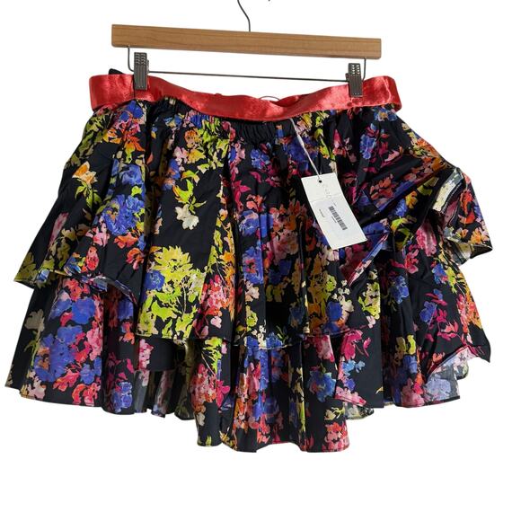 Caroline Constas Reign Black Multi Floral Tiered Ruffle Belted Mini Skirt XL - Picture 8 of 10